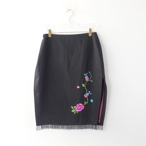 VINTAGE Guess Cocktail Skirt 4 S Black Floral Wool Bead Fringe Slit Mandarin USA